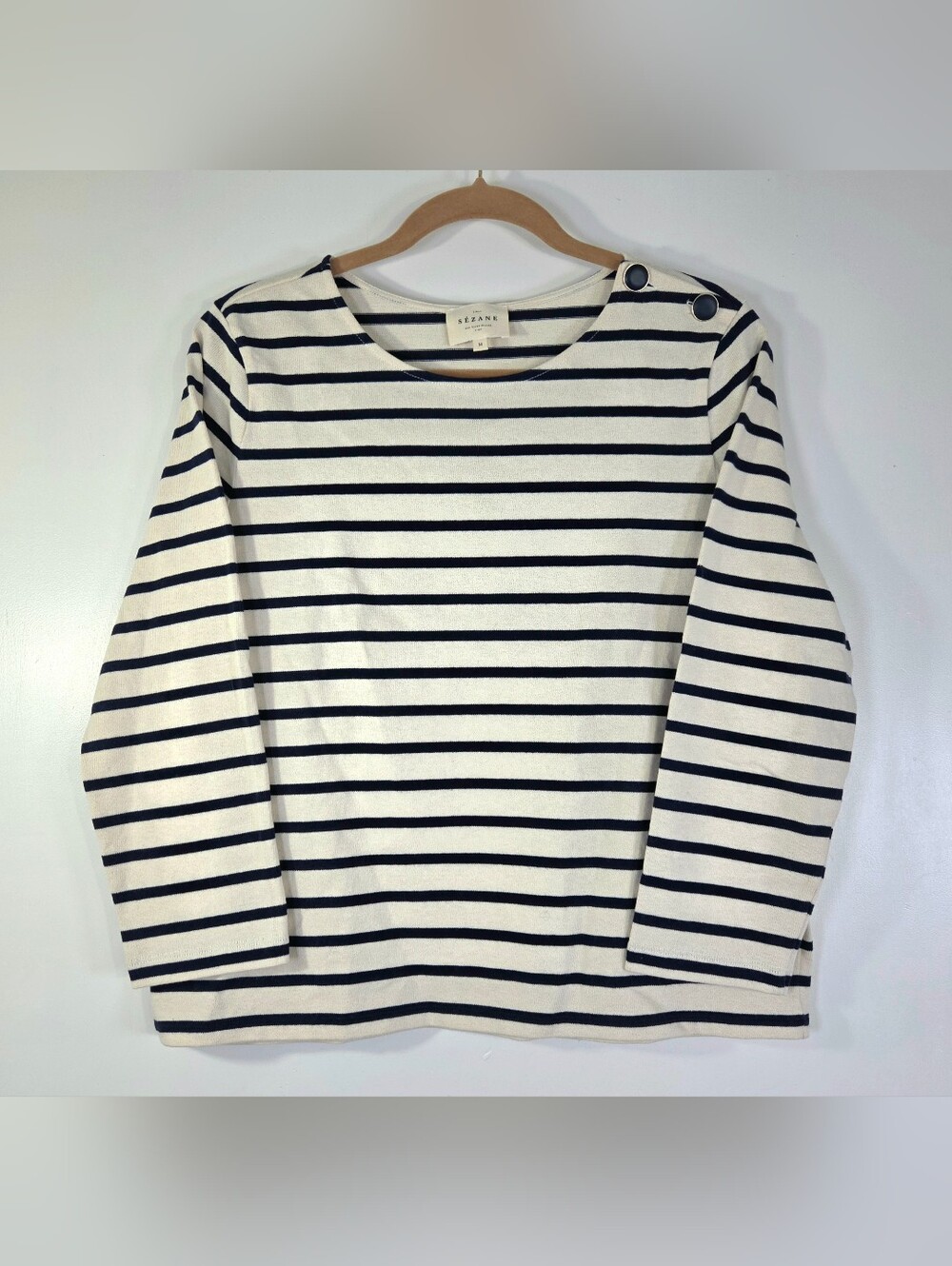 SÉZANE COLETTE MARINIÈRE STRIPED NAVY BLUE ECRU ORGANIC COTTON TOP.
